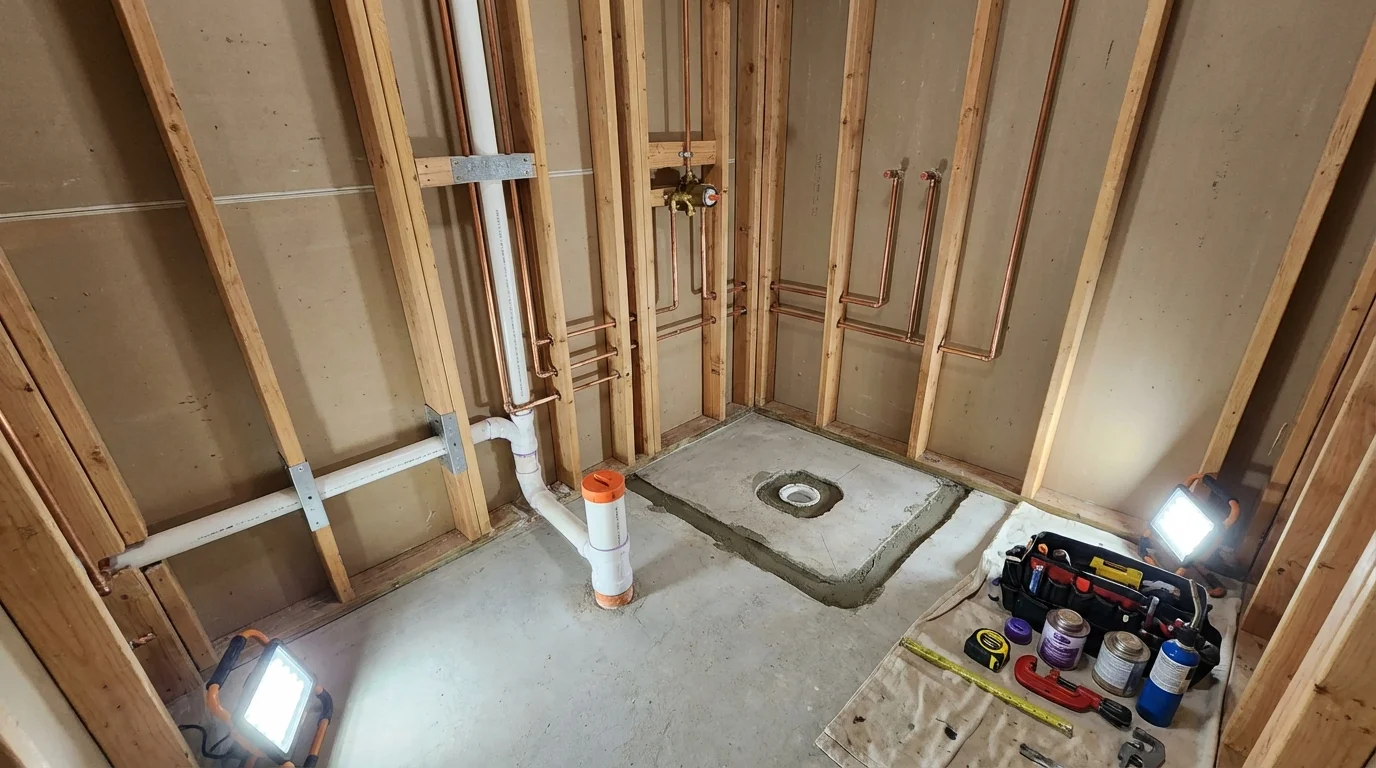 Bathroom rough-in plumbing during remodel by Johns Plumbing LLC in Lakeville
