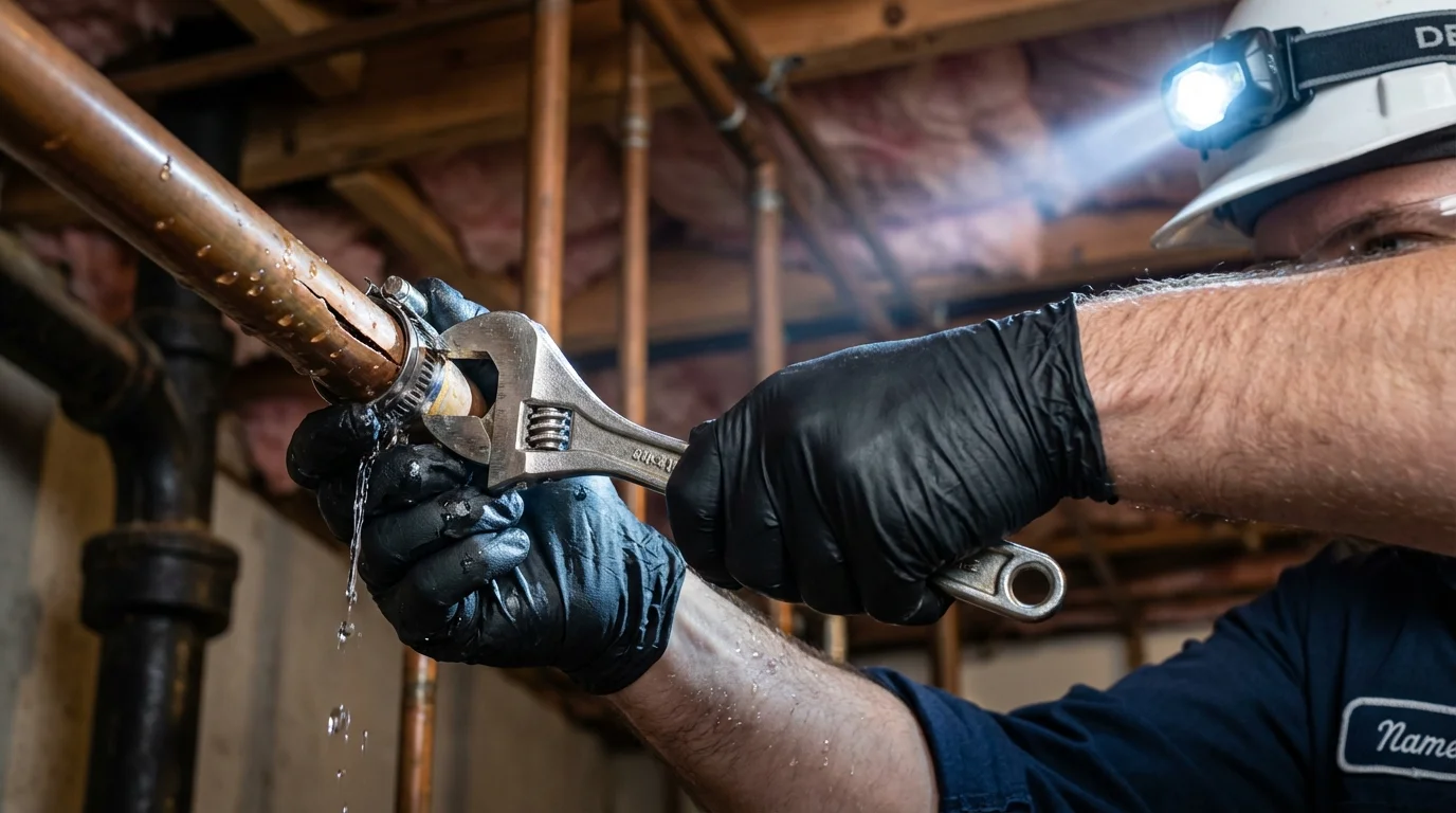 Emergency pipe clamp repair being performed by a Johns Plumbing LLC plumber in Lakeville