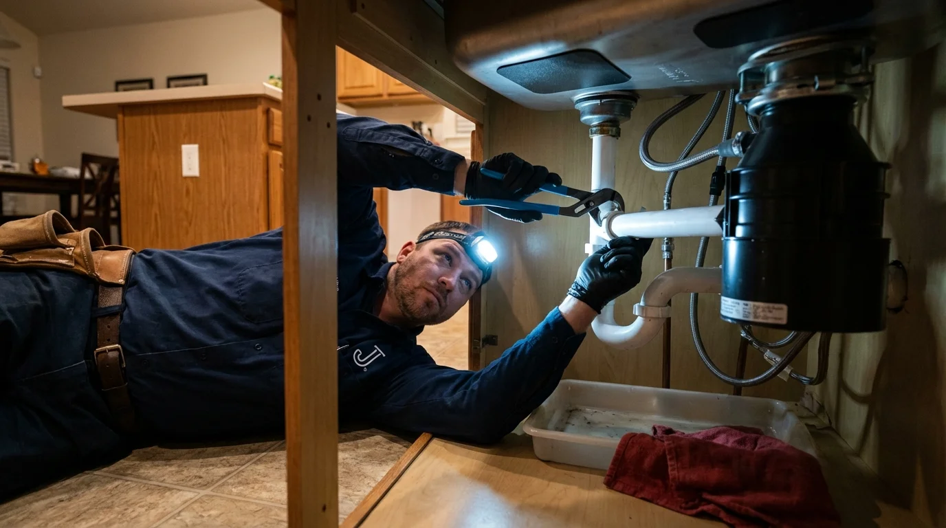 P-trap and supply line connections under a kitchen sink showing a common leak point in Lakeville, MN